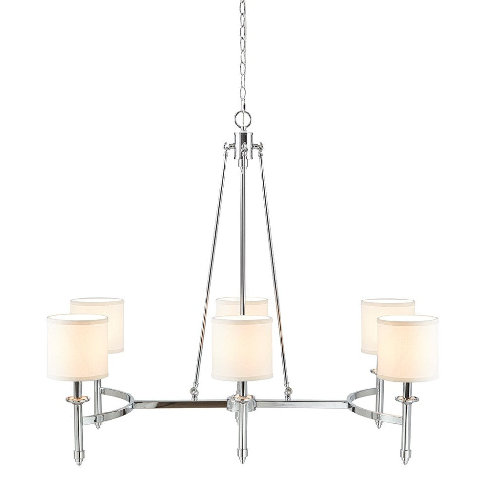 6-Light Drum Shade Chandelier with chrome finish, white drum shades, and curved frame illuminated.