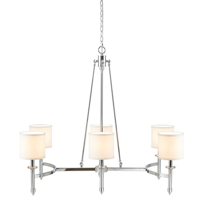 6-Light Drum Shade Chandelier with chrome finish, white drum shades, and curved frame illuminated.