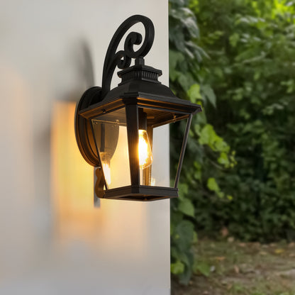Vintage Black Outdoor Wall Lantern – 21" Farmhouse Sconce with Clear Glass & Scroll Detail