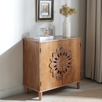 Rustic Hand-Carved 2-Door Accent Cabinet Boho Floral Storage Sideboard with Solid Wood Legs