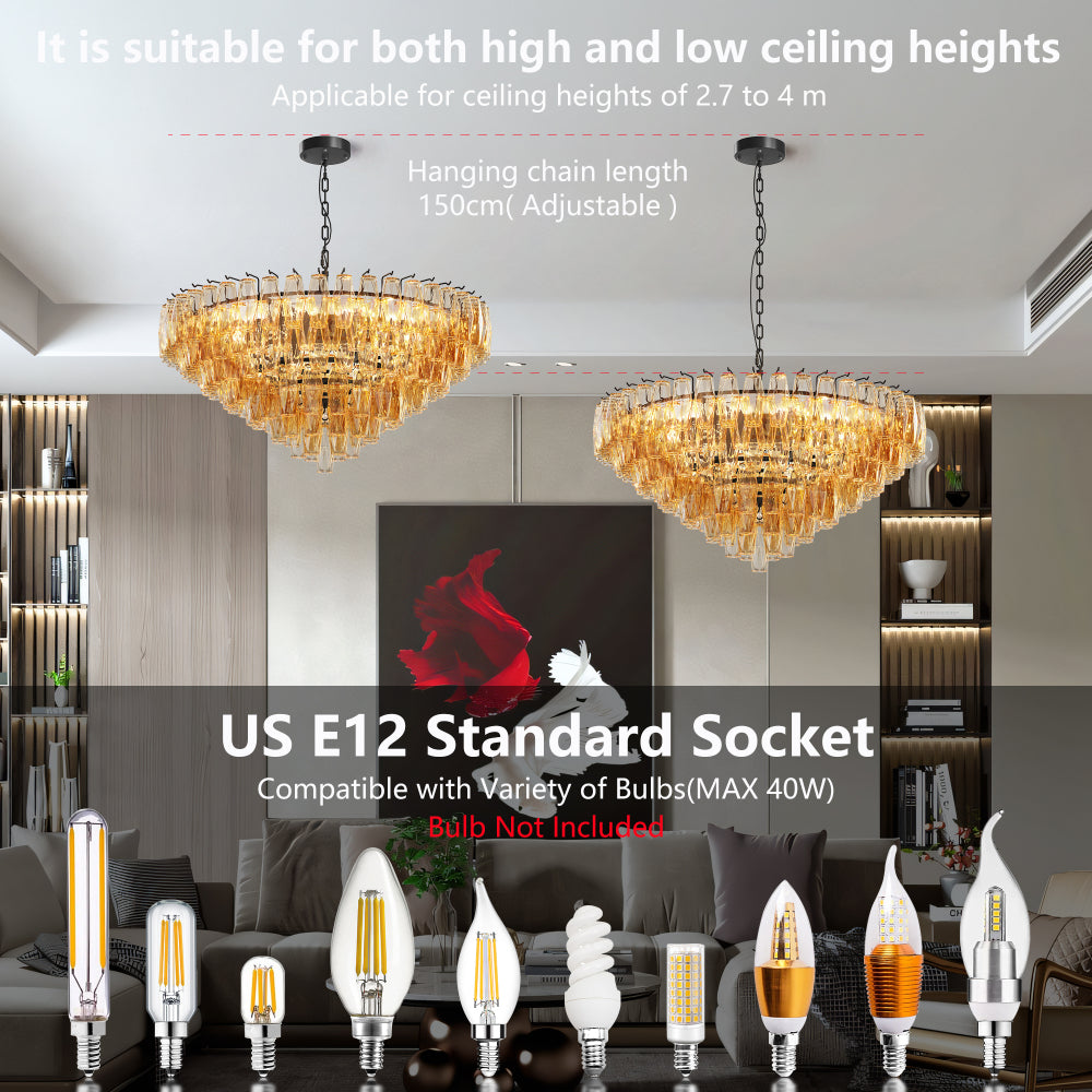Two tiered smoke glass chandeliers in living room, featuring adjustable hanging chain and compatible bulb options