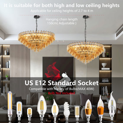 Two tiered smoke glass chandeliers in living room, featuring adjustable hanging chain and compatible bulb options