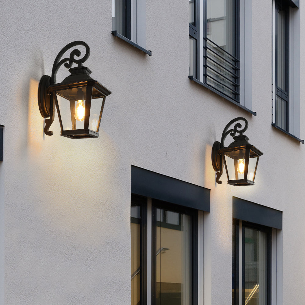 Vintage Black Outdoor Wall Lantern – 21" Farmhouse Sconce with Clear Glass & Scroll Detail