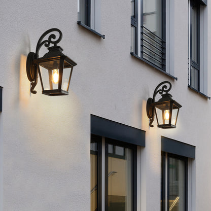 Vintage Black Outdoor Wall Lantern – 21" Farmhouse Sconce with Clear Glass & Scroll Detail