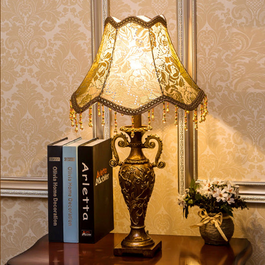 Antique Brass Table Lamp – Floral Fabric Drum Shade, Classic Bedside Night Light Bronze Vistaro Home