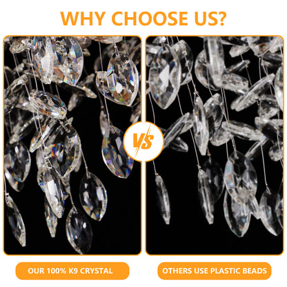 Comparison of K9 crystal pendants (left) vs plastic beads (right) in gold tree branch chandelier, highlighting premium crystal quality