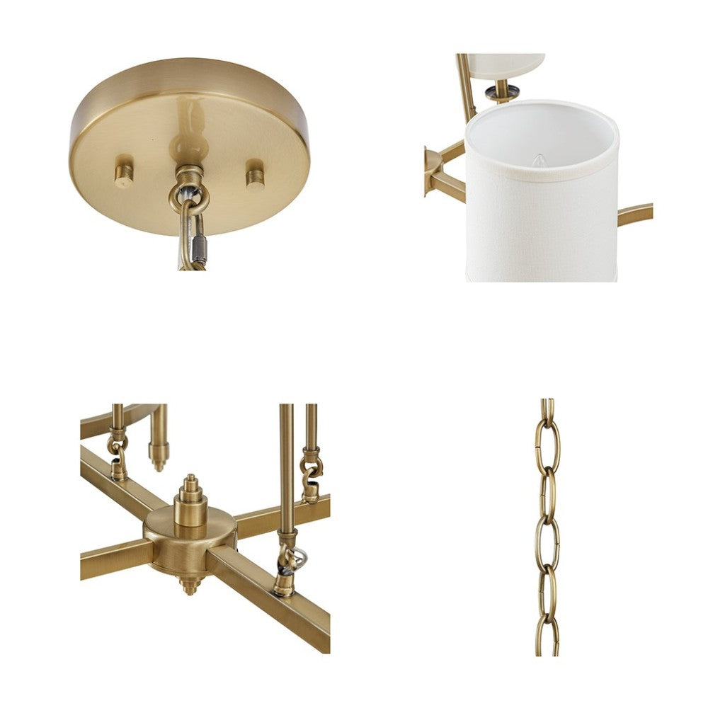 Close-ups of gold 6-light drum shade chandelier components: ceiling mount, drum shade, curved frame details, and chain.