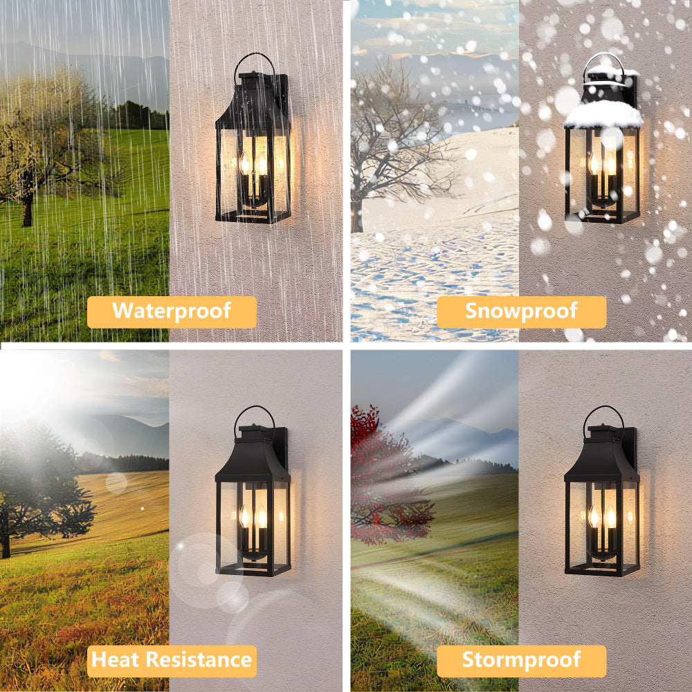 20" Dusk-to-Dawn Outdoor Wall Light | 2-Light Black Waterproof Porch Sconce with Tempered Glass — Garage, Patio & Front Door (1 or 2 Pack)