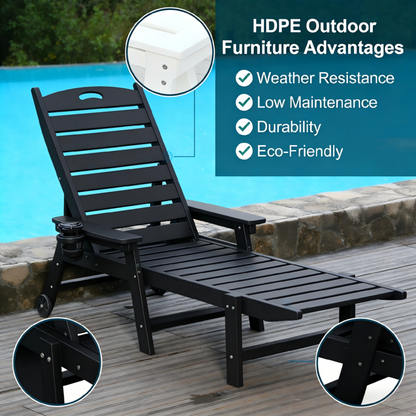 HDPE Chaise Lounge Chair | 4-Position Adjustable Outdoor Pool Lounger with Wheels & Cup Holder, 360 lb Capacity — Black