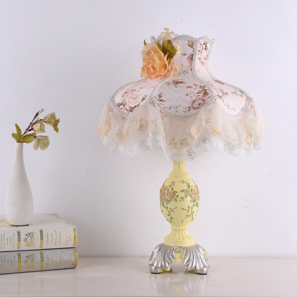 Victorian Pink & Ivory Table Lamp – Lace Pleated Shade & Beaded Fringe, Princess Bedside Night Light