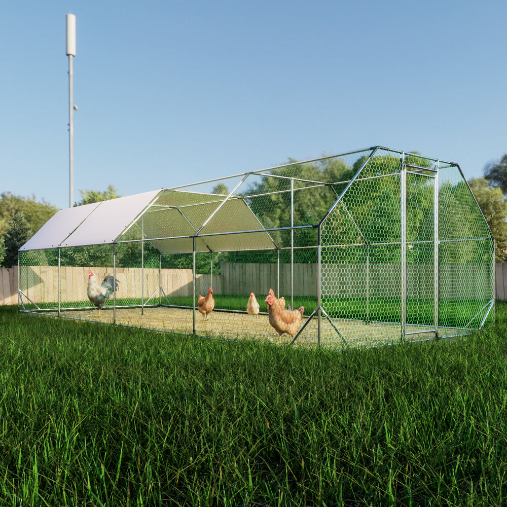 9.94×25.68 FT Large Walk-In Chicken Coop | Galvanized Steel Poultry Run with UV Waterproof Tarp & Lockable Doors — Hen House & Farm Pen 9.94 ft. x 25.68 ft.