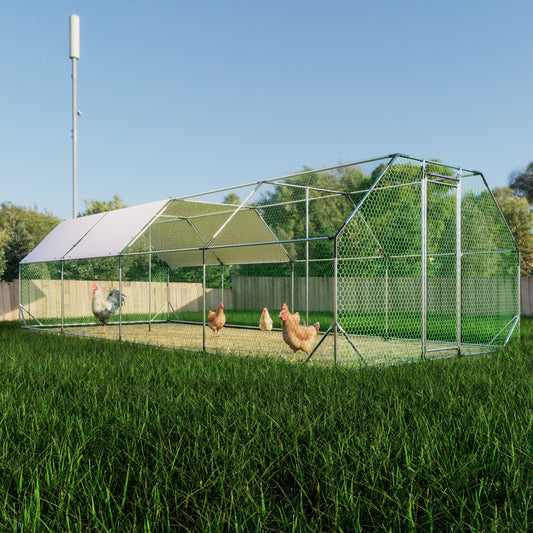9.94×25.68 FT Large Walk-In Chicken Coop | Galvanized Steel Poultry Run with UV Waterproof Tarp & Lockable Doors — Hen House & Farm Pen