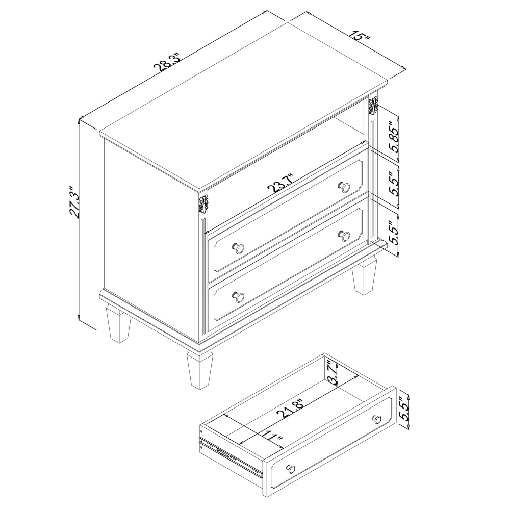 Farmhouse Nightstand with Charging Station | 2 Drawers & Open Shelf | Fluted Side Table with Solid Wood Legs
