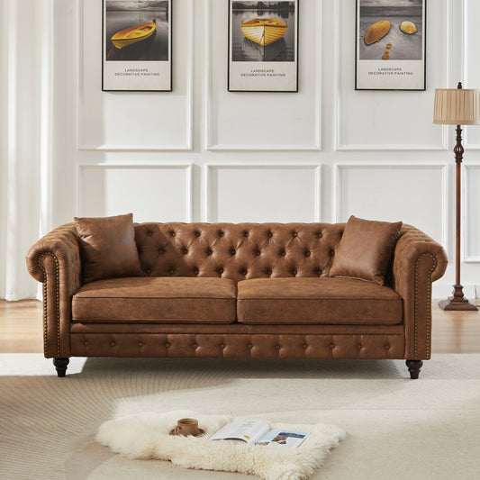85.5" Chesterfield Sofa 3-Seater | Tech Fabric with Button Tufting, Rolled Arms & Wood Legs — Brown / Black