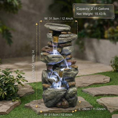 30" Large Outdoor Stone Fountain with LED Lights | Cascading Waterfall Fiberglass Resin Garden Fountain for Patio, Yard & Entryway