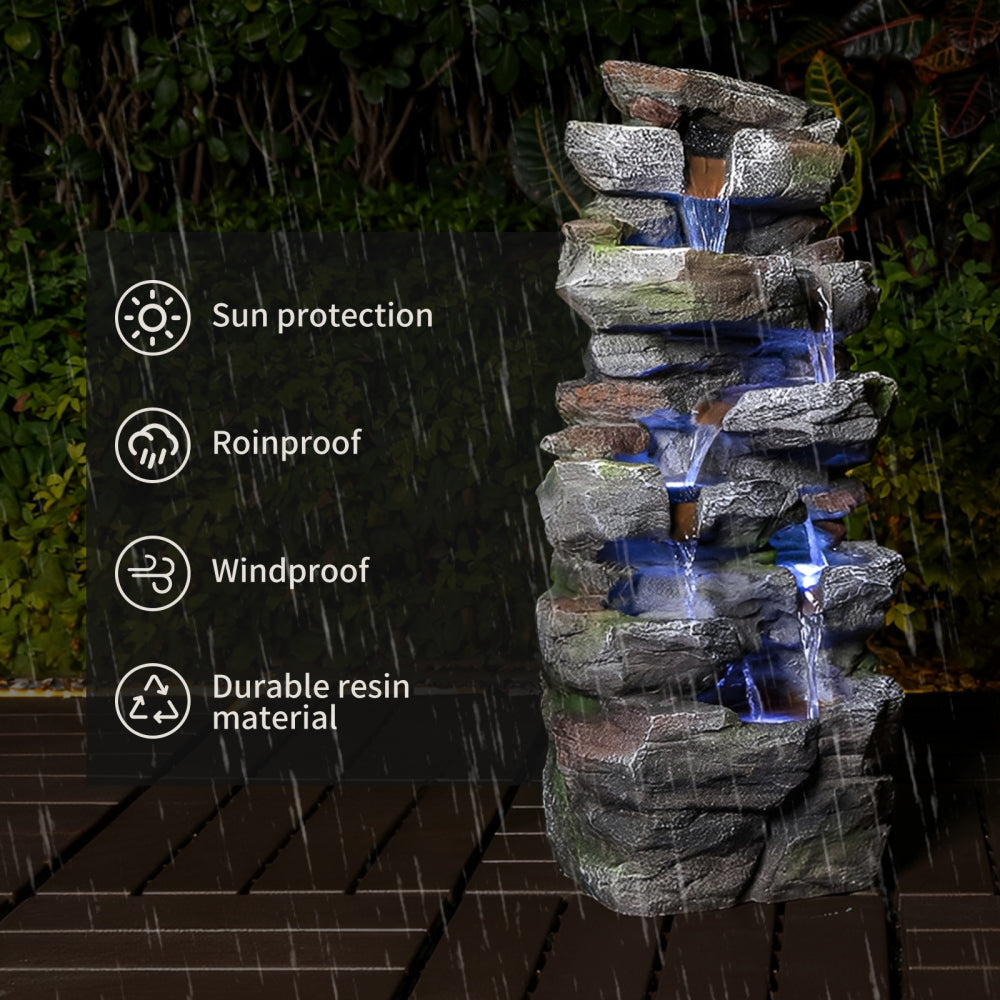 Rock Waterfall Outdoor Fountain with LED Lights | Cascading Tiered Resin Garden Fountain for Patio, Backyard & Lawn