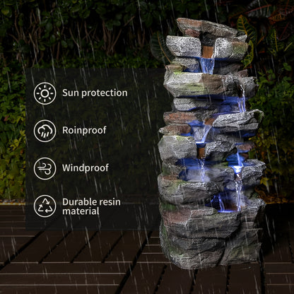 Rock Waterfall Outdoor Fountain with LED Lights | Cascading Tiered Resin Garden Fountain for Patio, Backyard & Lawn
