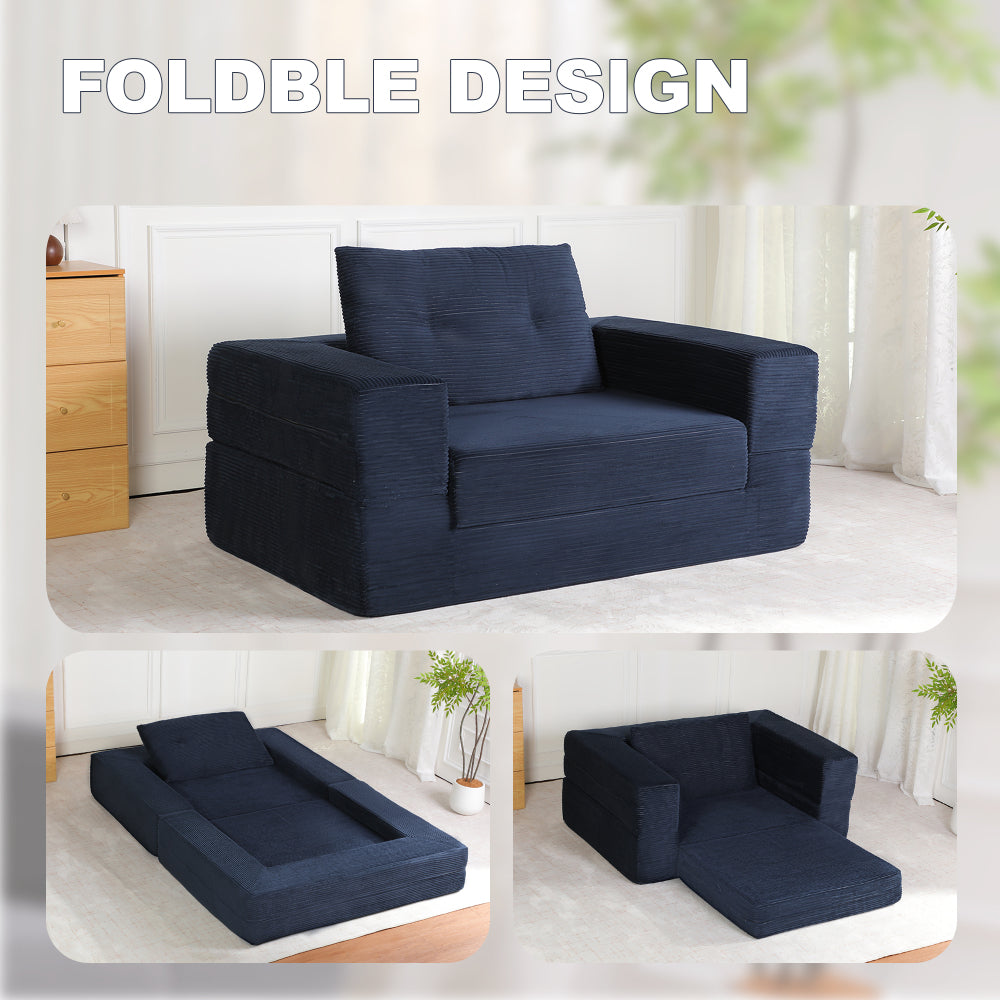 3-in-1 Floor Sofa Bed for Humans & Pets | No-Assembly Corduroy Lounger with Memory Foam & Pillow — Dark Blue