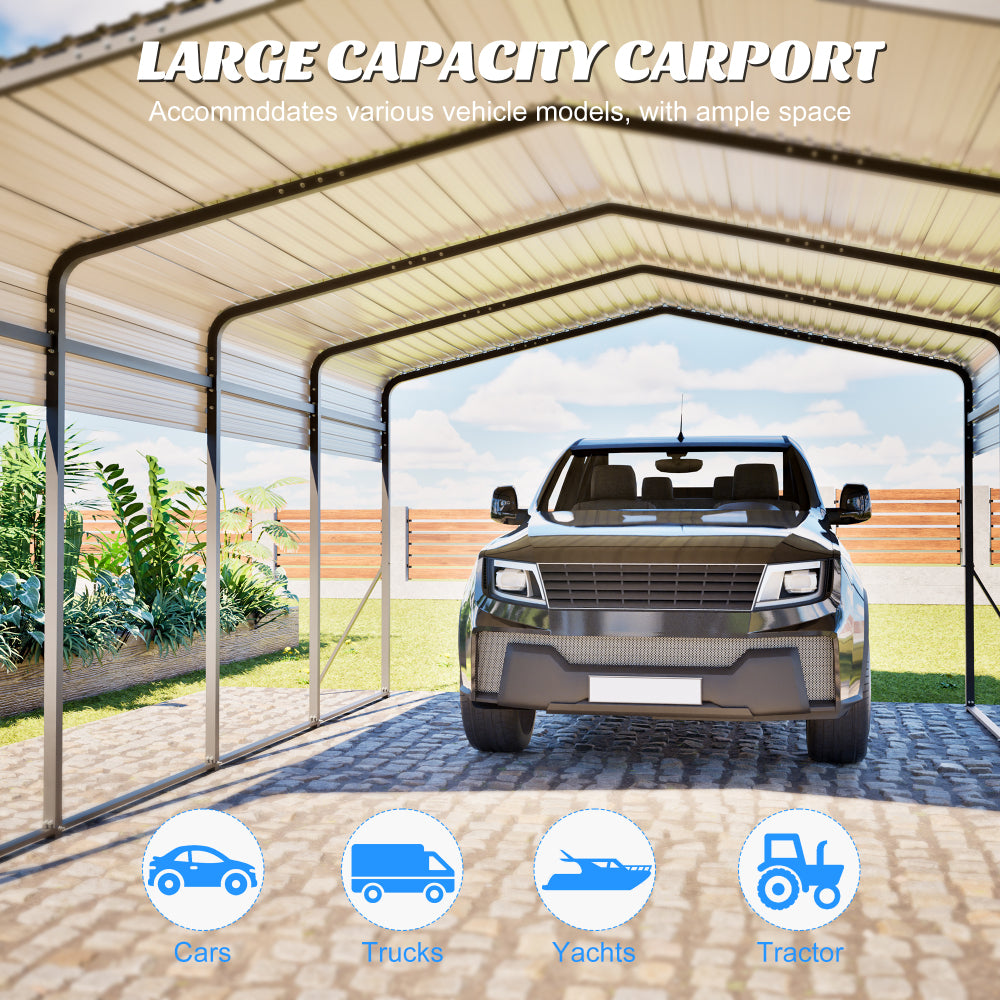 13×20 FT Metal Carport | Heavy-Duty Galvanized Steel Hardtop with Triangle Reinforced Frame & 4 Poles — All-Weather Vehicle & Outdoor Storage Shelter