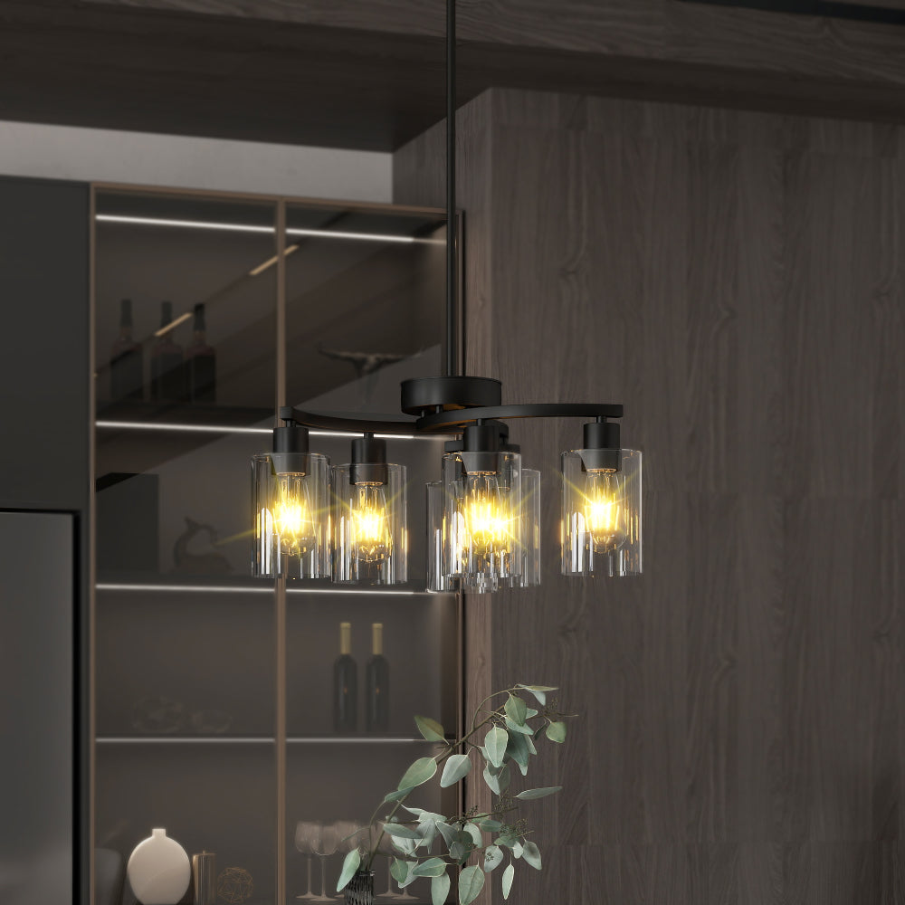 Black 6-light modern farmhouse chandelier with clear glass shades, adjustable height, dimmable, ideal for dining room and kitchen island.