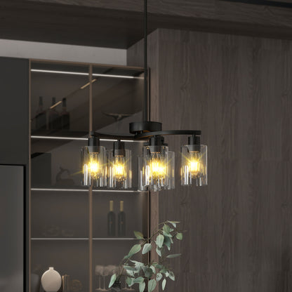 Black 6-light modern farmhouse chandelier with clear glass shades, adjustable height, dimmable, ideal for dining room and kitchen island.