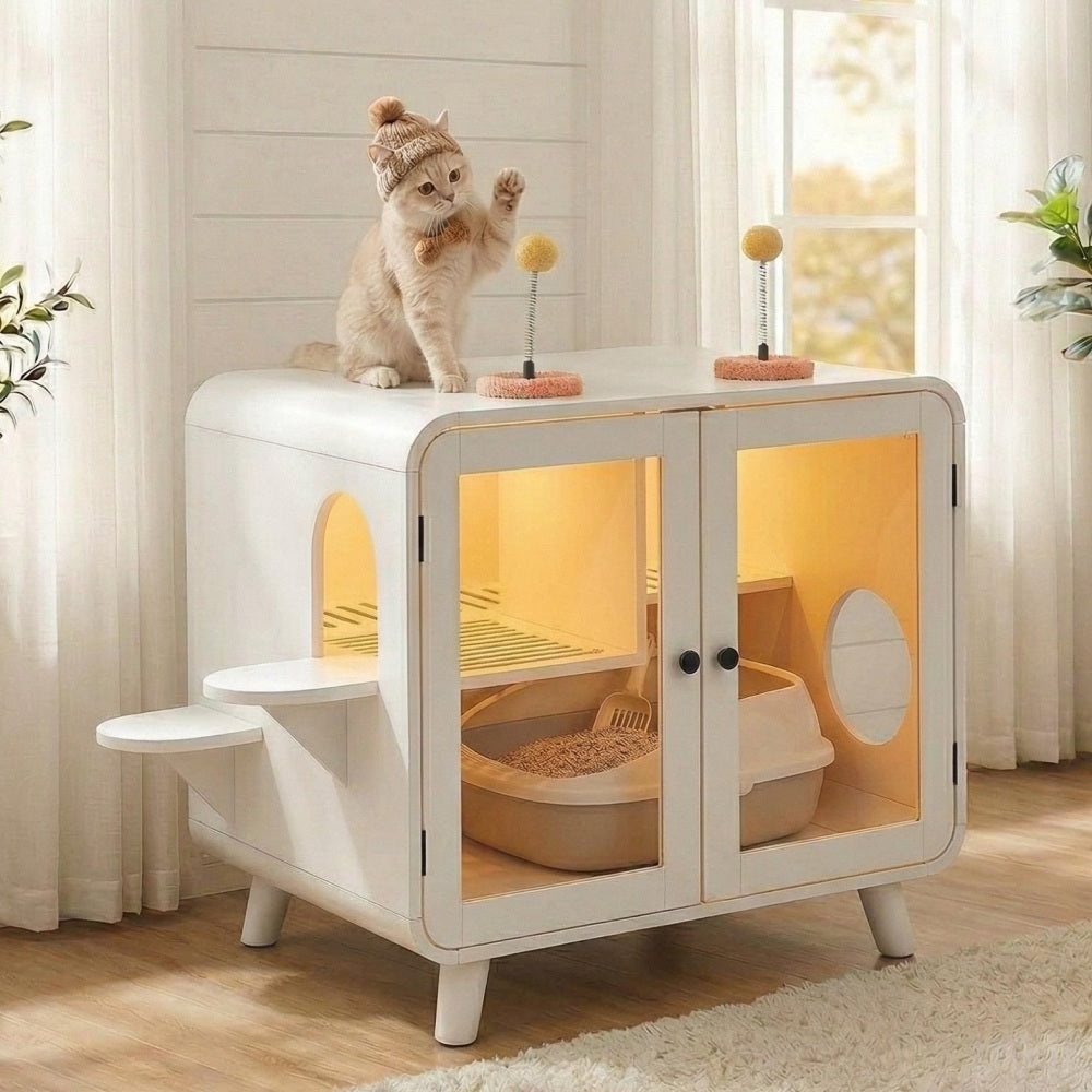 Hidden Cat Litter Box Cabinet – RGB LED, Glass Doors, Litter Walkway & Pom-Pom Toys, White