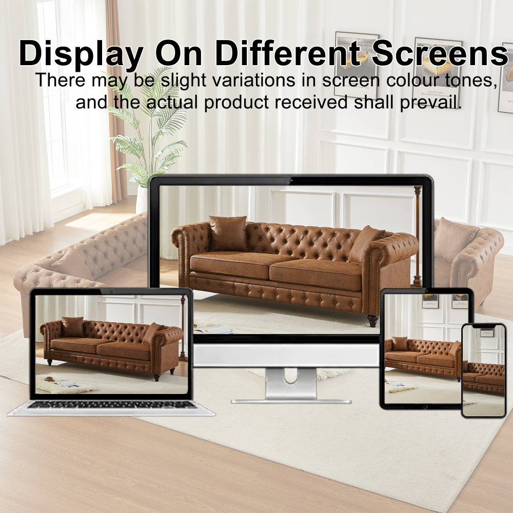 85.5" Chesterfield Sofa 3-Seater | Tech Fabric with Button Tufting, Rolled Arms & Wood Legs — Brown / Black