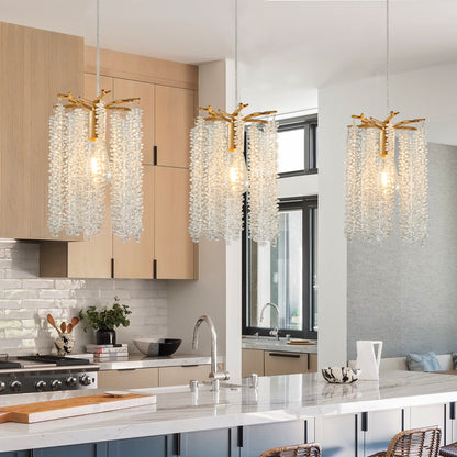 Crystal Pendant Lights Set of 3 | Luxury Waterfall Bead Design, Gold Finish Chandelier for Kitchen Island