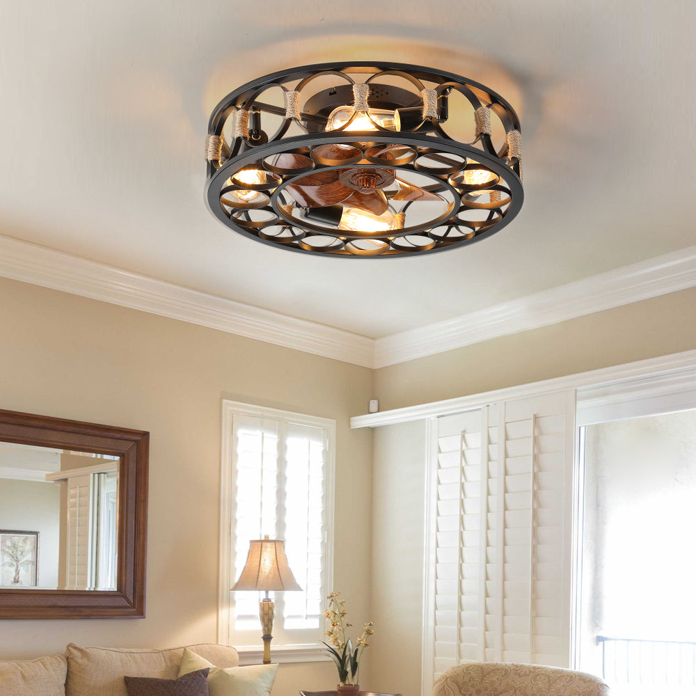 Caged Flush Mount Ceiling Fan with LED Lights & Remote – Farmhouse Matte Black, 6 Speeds & Reversible DC Motor