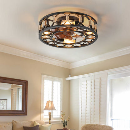 Caged Flush Mount Ceiling Fan with LED Lights & Remote – Farmhouse Matte Black, 6 Speeds & Reversible DC Motor