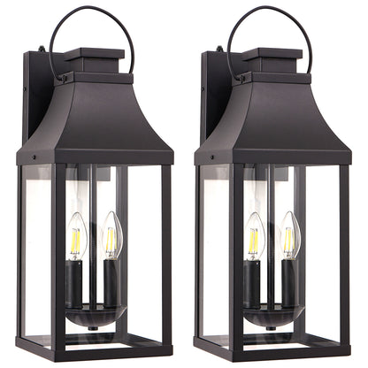 20" Dusk-to-Dawn Outdoor Wall Light | 2-Light Black Waterproof Porch Sconce with Tempered Glass — Garage, Patio & Front Door (1 or 2 Pack)