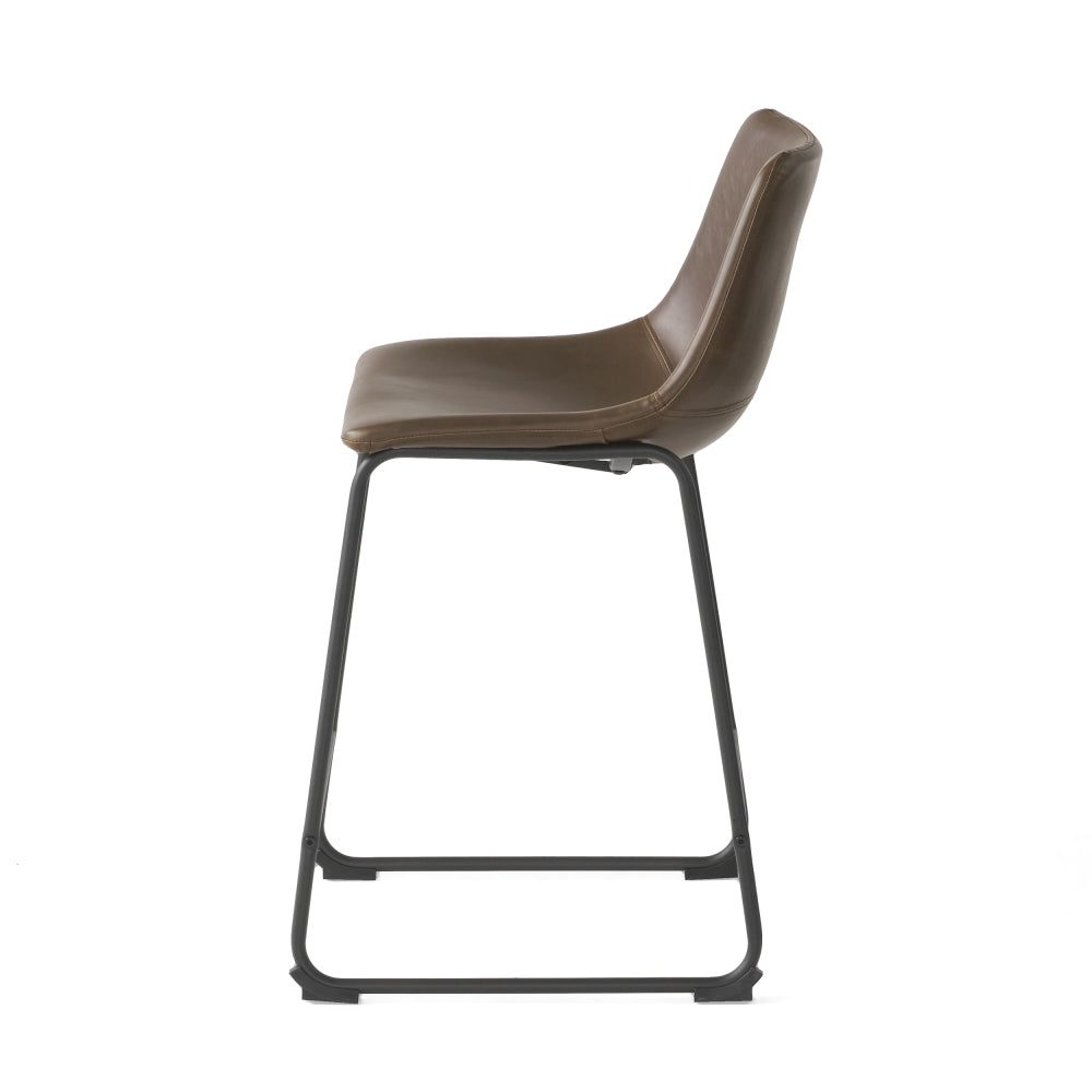 24" Vintage Brown Counter Stools with Wide Seat & Low Footrail | Set of 2 Upholstered Stools with Black Iron Frame