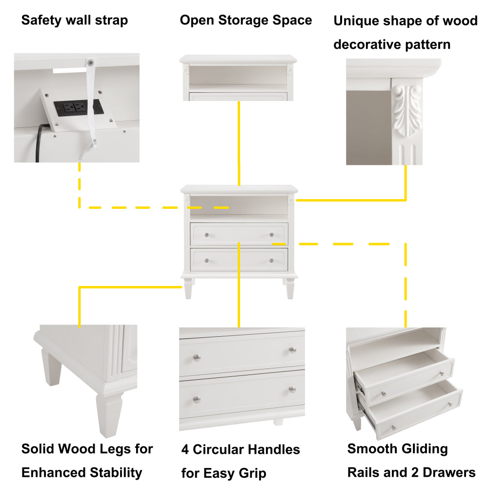 Farmhouse Nightstand with Charging Station | 2 Drawers & Open Shelf | Fluted Side Table with Solid Wood Legs