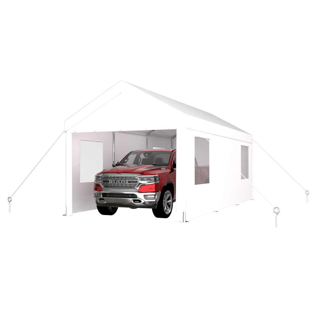 10×20 FT Portable Carport Garage | Heavy-Duty Galvanized Steel Frame with 2 Roll-Up Doors & 4 Ventilated Windows — White / Grey