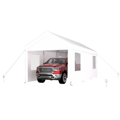 10×20 FT Portable Carport Garage | Heavy-Duty Galvanized Steel Frame with 2 Roll-Up Doors & 4 Ventilated Windows — White / Grey