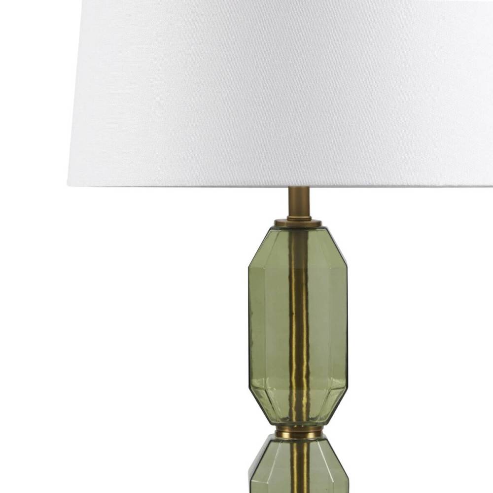 Faceted Green Glass Table Lamp – Gold Metal Base & White Fabric Shade | LED Bulb Included | Modern Accent Lamp