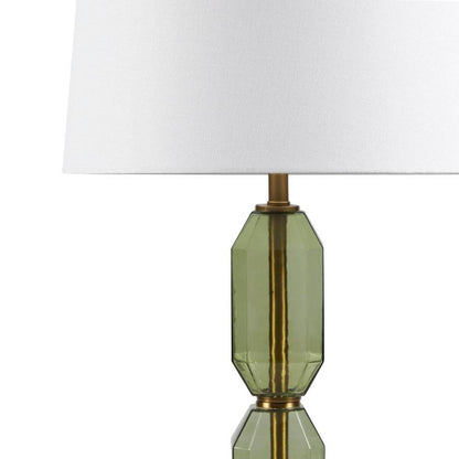 Faceted Green Glass Table Lamp – Gold Metal Base & White Fabric Shade | LED Bulb Included | Modern Accent Lamp