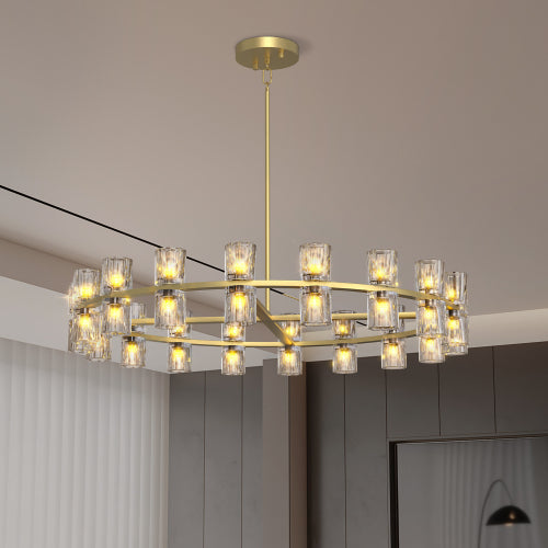 Luxury Crystal Chandelier | Double-Ring LED Ceiling Light for Living Room & Dining Room — Black or Gold, Round or Rectangular Gold / 36" Round