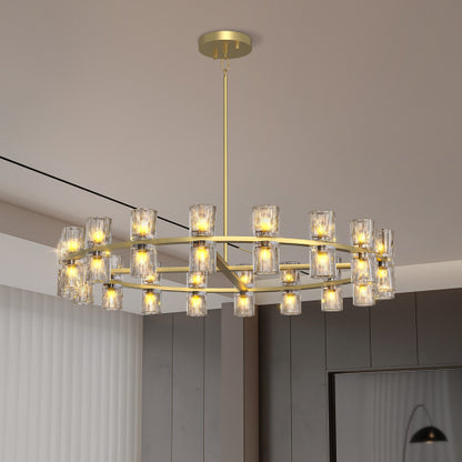 Luxury Crystal Chandelier | Double-Ring LED Ceiling Light for Living Room & Dining Room — Black or Gold, Round or Rectangular Gold / 36" Round