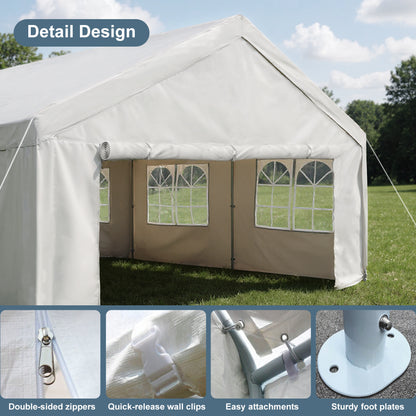 10×20 FT Carport Canopy & Party Tent | Heavy-Duty Gazebo with 4 Removable Sidewalls, UV & Water-Resistant PE Cover — White