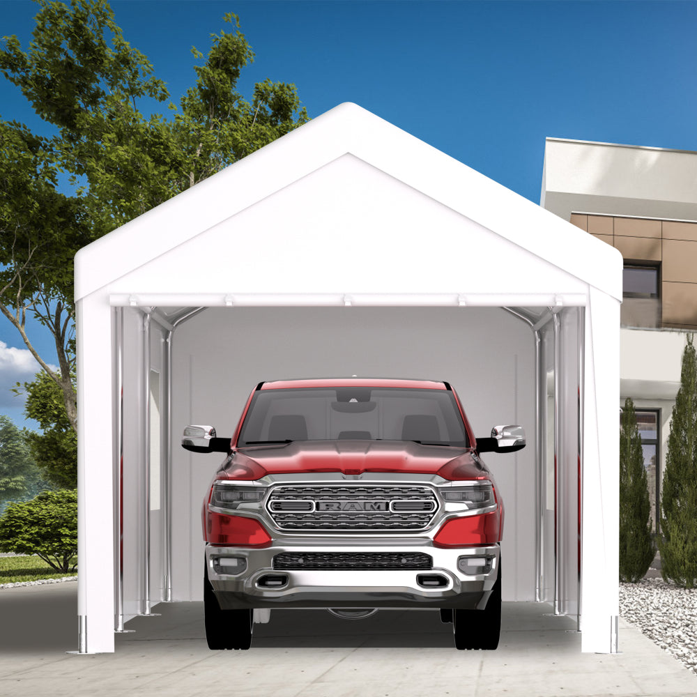 10×20 FT Portable Carport Garage | Heavy-Duty Galvanized Steel Frame with 2 Roll-Up Doors & 4 Ventilated Windows — White / Grey