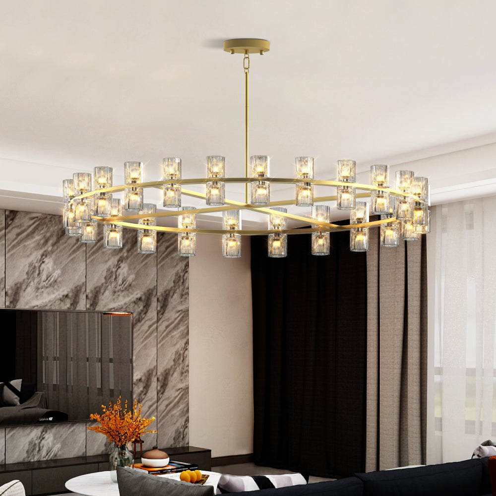 Luxury Crystal Chandelier | Double-Ring LED Ceiling Light for Living Room & Dining Room — Black or Gold, Round or Rectangular Gold / 48" Round