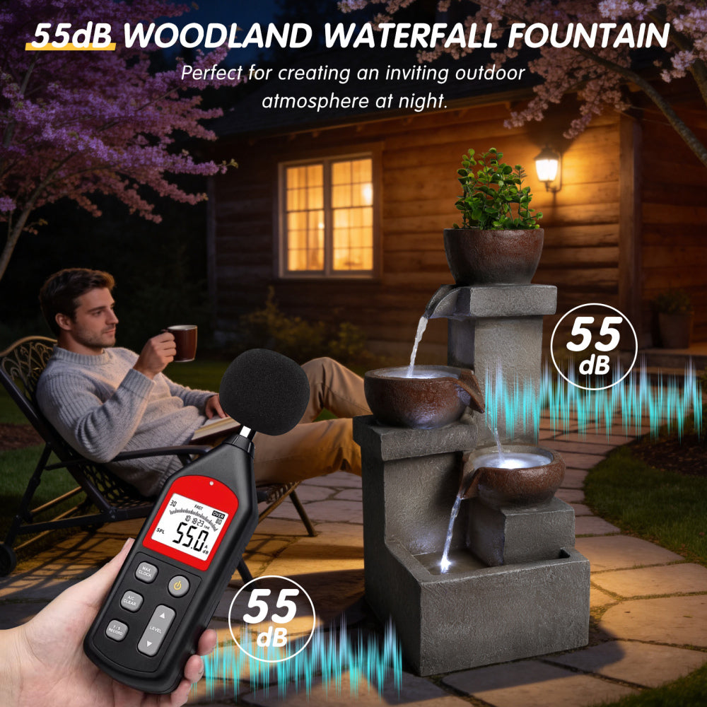 Tiered Cascading Jar Outdoor Fountain with LED Lights | Resin Stone-Look Waterfall with Planter Top — Garden, Patio & Entryway Decor