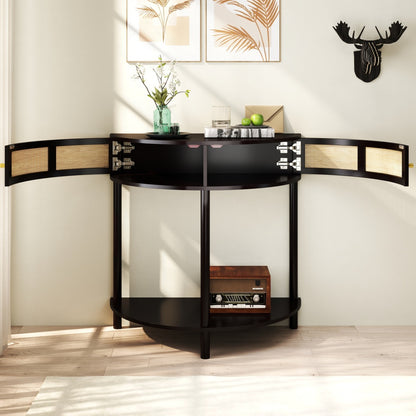 Half-Moon Console Table with Rattan Sliding Doors | Boho Semicircle Entryway Table with 2 Storage Cabinets & Bottom Shelf
