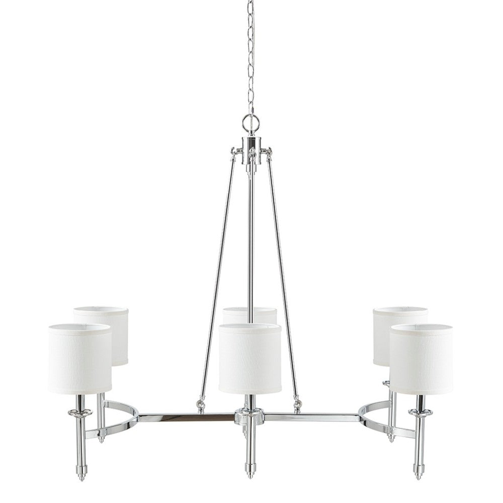 6-Light Drum Shade Chandelier with chrome finish, white drum shades, and curved frame.