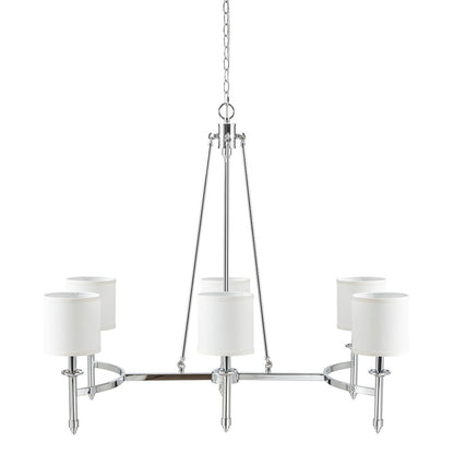 6-Light Drum Shade Chandelier with chrome finish, white drum shades, and curved frame.