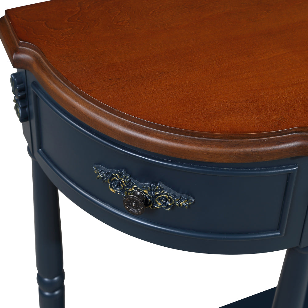 Retro Half-Moon Console Table with 2 Drawers & Open Shelf | 52" Curved Solid Wood Sofa Table — Navy Blue & Brown