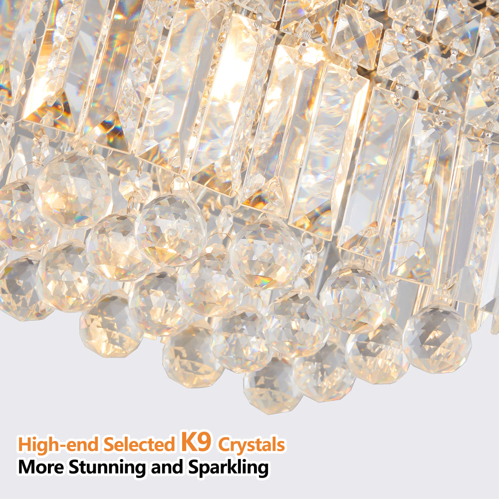 Close-up of high-end K9 crystals on 39.4-inch rectangular crystal raindrop chandelier, highlighting sparkling facets and luxurious design.