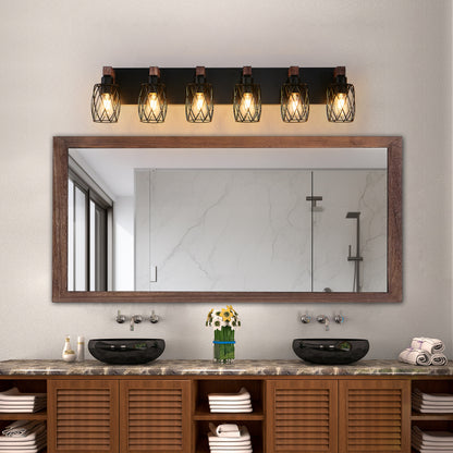 5-light industrial black metal cage wall sconce with wood accents installed above bathroom mirror, warm ambient lighting, suitable for bathrooms.
