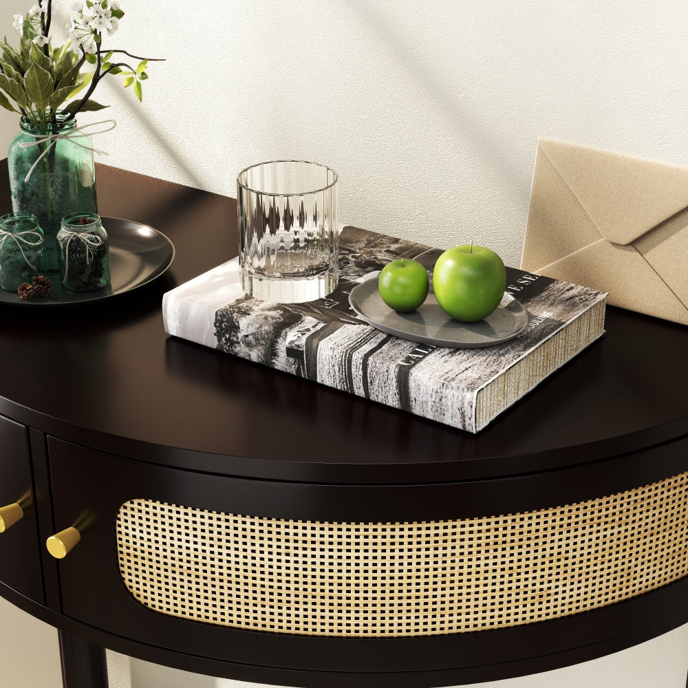 Half-Moon Console Table with Rattan Sliding Doors | Boho Semicircle Entryway Table with 2 Storage Cabinets & Bottom Shelf